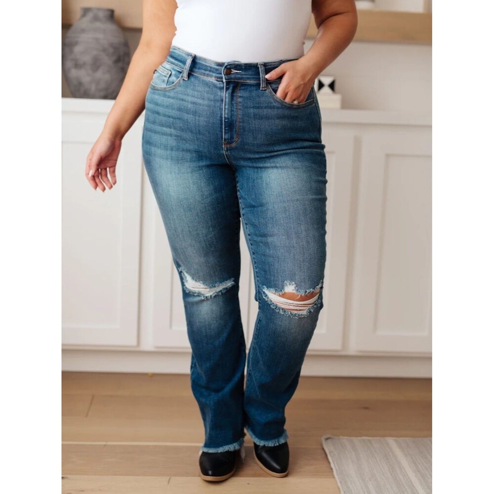 Judy Blue Straight Hi-Rise Distressed Knee Fray Hem Women's Jeans  |  Size: 24W